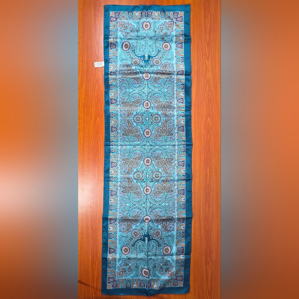 Vintage Sally Gee Blue Green Paisley 42"x13" Polyester Scarf Japan 60s 70s NEW
